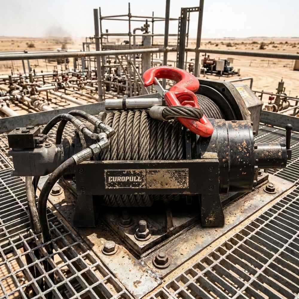 HWE 200 Hydraulic Winch Operating on Oilfield Facility Metal Grating